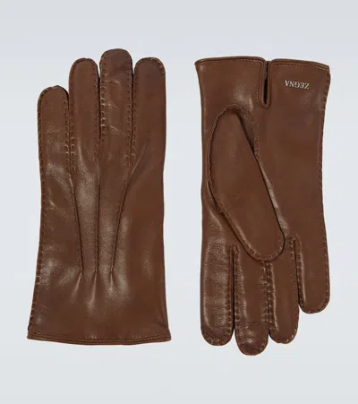 Zegna Leather Gloves In Brown