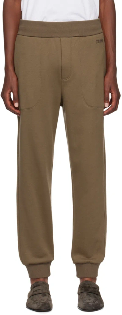 Zegna Brown Embroidered-logo Sweatpants In 312 - Fango