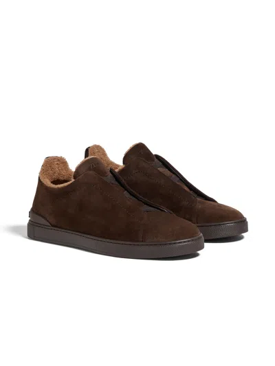 Zegna Brown Suede Triple Stitch Sneakers