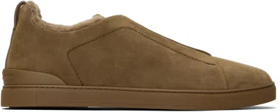 Zegna Brown Suede Triple Stitch Sneakers In Lnd