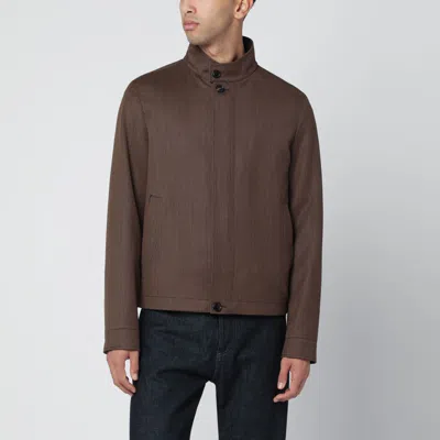 Zegna Wool Jacket With High Collar And Pockets In Brown