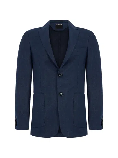 Zegna Button Patch-pocket Blazer In Blue