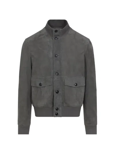 Zegna Leather Blouson Jacket Stand Collar Ribbed Cuffs In Gray