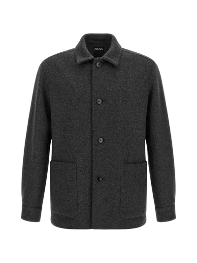 Zegna Wool-cashmere Jersey Overshirt In Gray