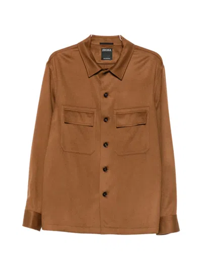 Zegna Button-fastening Flap-pocket Shirt In Brown