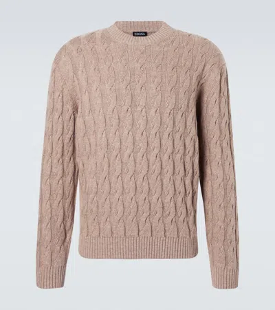 Zegna Cable-knit Linen, Cashmere And Silk-blend Sweater In Brown