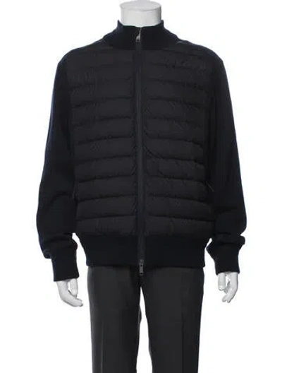 Pre-owned Zegna Calf Leather Bomber Jacket In Blue