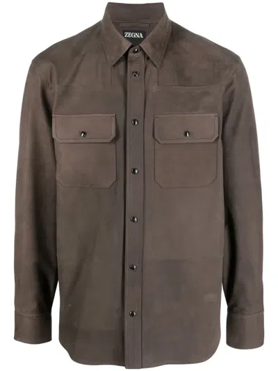 Zegna Calf-suede Shirt-jacket In Braun