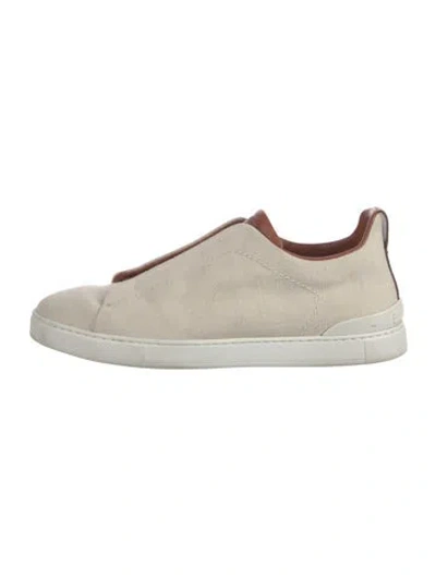 Pre-owned Zegna Canvas Leather Trim Embellishment Sneakers In Neutrals