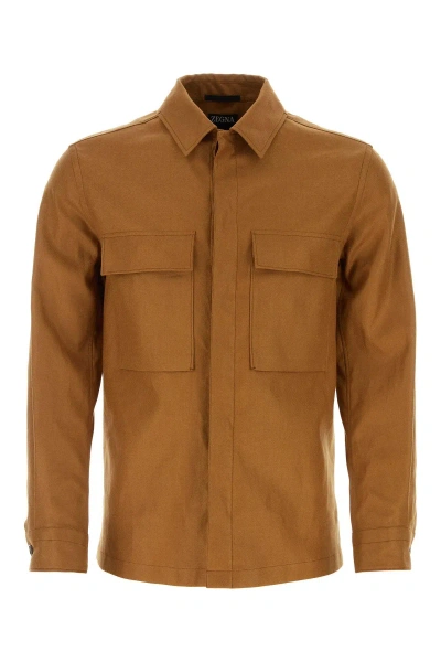 Zegna Caramel Linen Shirt In Brown