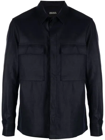Zegna Men's Covered Placket Linen Overshirt In Blue