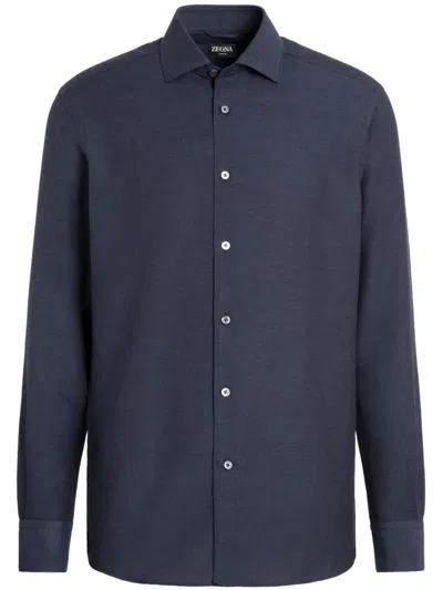 Zegna Button-down Collar Brushed Cotton-twill Shirt In Blue