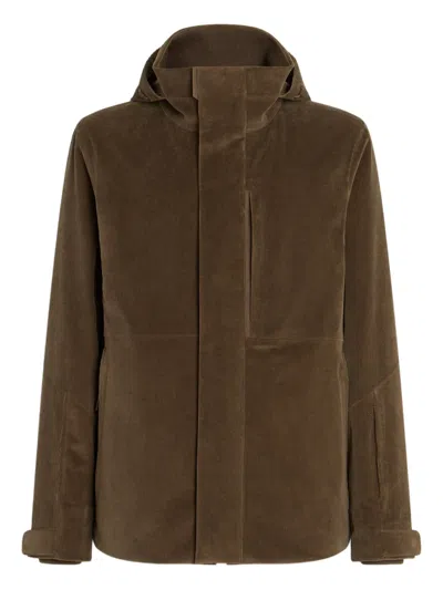 Zegna Cashco Hooded Corduroy Jacket In Brown