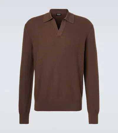 Zegna Cashmere Jacquard Long Sleeve Polo In Brown