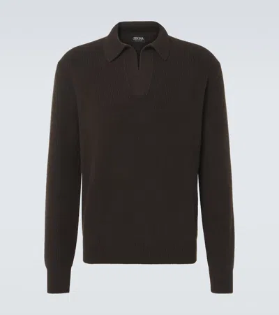 Zegna Cashmere Polo Sweater In Dark Brown