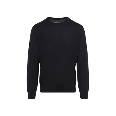 Zegna Blue Navy Crewneck Cashmere And Silk Sweater In Navy Blue