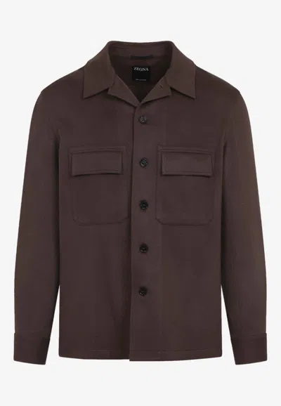 Zegna Cashmere Silk Long Sleeve Overshirt In Brown