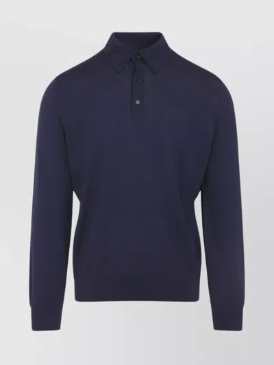 Zegna Cashseta Knit Polo With Ribbed Cuffs And Hem In Blue