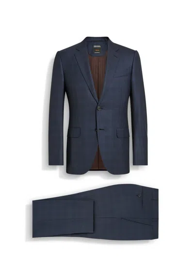 Zegna Wool Prince Of Wales Check Suit In Navy