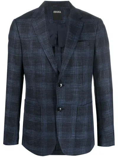Zegna Mélange-check Single-breasted Blazer In Blue