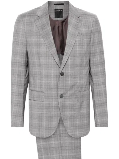Zegna Checked Single-breasted Suit In Grey