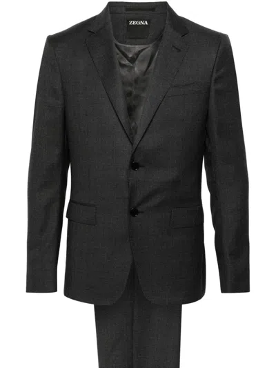 Zegna Single-breasted Checked Wool Suit In Grey