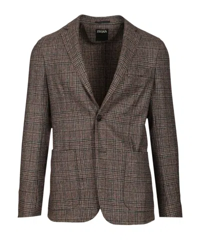 Zegna Prince Of Wales Wool Jacket In Brown