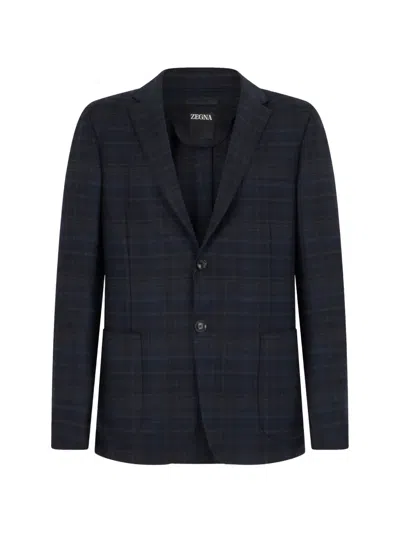Zegna Check-pattern Blazer In Blue