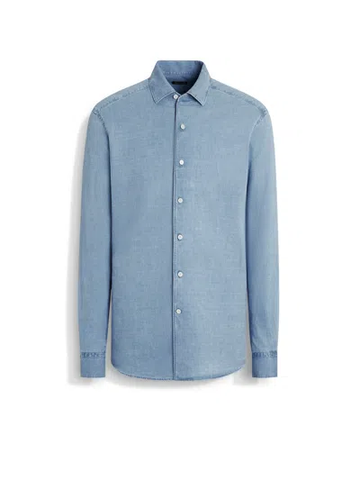 Zegna Light Blue Bleached Cotton And Linen Denim Shirt