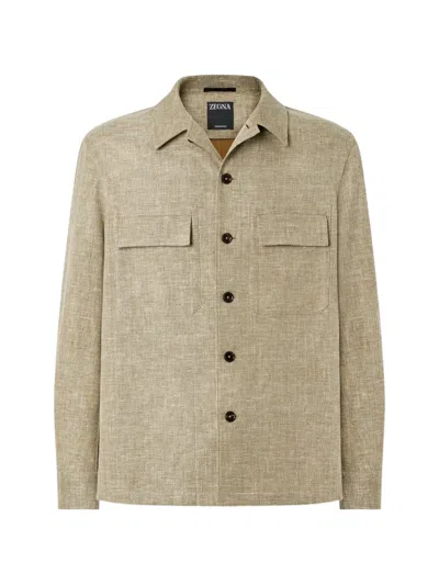 Zegna Crossover Linen Wool And Silk Blend Overshirt In Brown