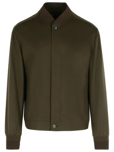 Zegna Chocolate Cashmere Bomber Jacket In Green