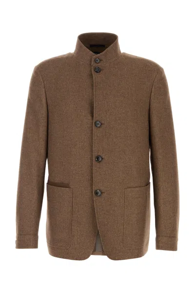 Zegna Wool Blend Blazer Stand Collar In Brown