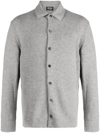 Zegna Classic-collar Cashmere Cardigan In Grey