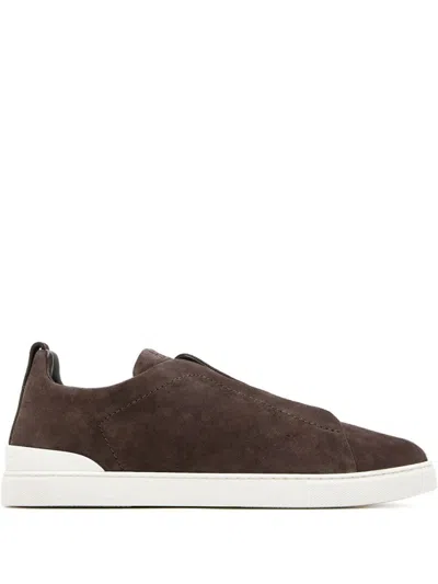 Zegna Coffee Brown Leather Sneakers With Elasticated Straps In Put