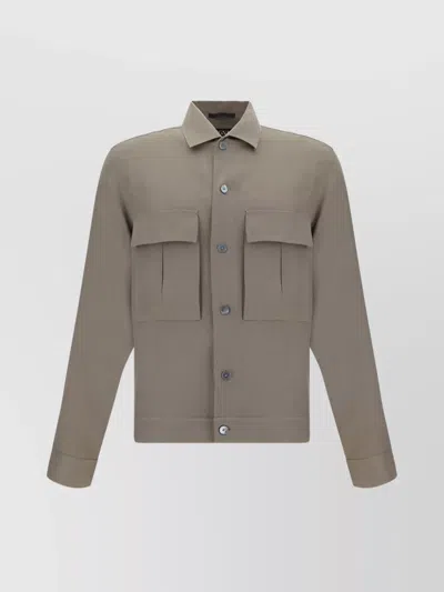 Zegna Collared Monochrome Pattern Shirt With Front Pockets In Brown