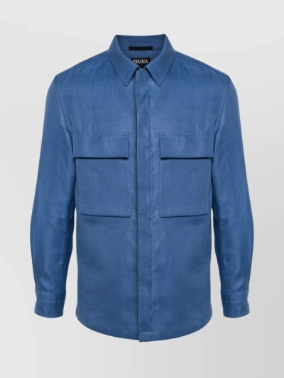 Zegna Collared Shirt With Pockets And Side Slits In Blue