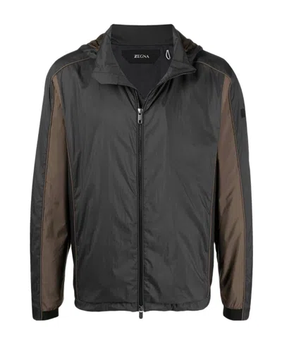 Zegna Contrast-panel Hooded Jacket In Black