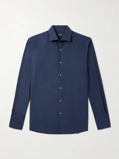 Zegna Button-down Collar Brushed Cotton-twill Shirt In Blue