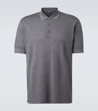 Zegna Cotton And Silk Piqué Polo Shirt In Gray