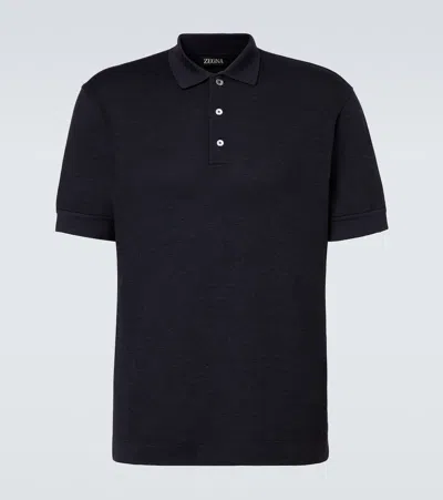 Zegna Cotton And Silk Polo Shirt In Blue