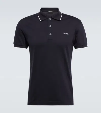 Zegna Navy Blue And White Cotton Polo Shirt