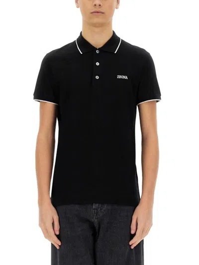 Zegna Logo-embroidered Tipped Polo Shirt In Blue