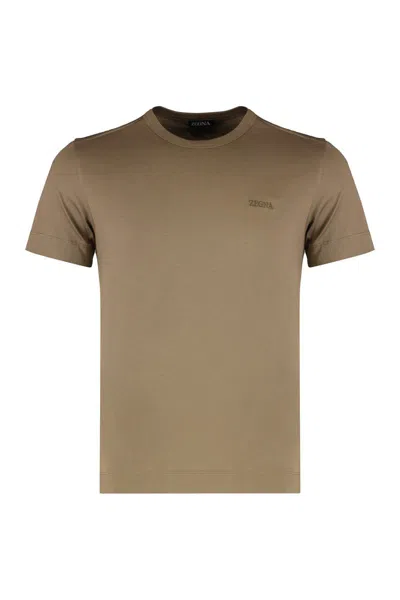 Zegna Cotton Crew Neck T-shirt With Side Slits In Brown
