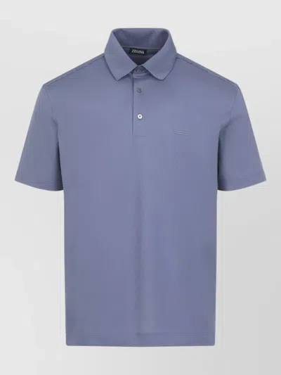 Zegna Cotton Pique Polo Short Sleeve Shirt In Blue
