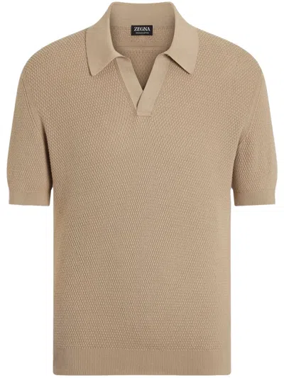 Zegna Knitted Polo With Short Sleeves And Ribbed Trims In Light Beige