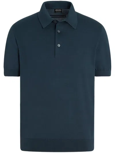 Zegna Men's Premium Cotton Knit Short-sleeve Polo Sweater In Blue