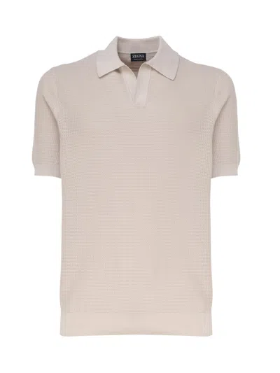 Zegna Beige Honeycomb Cotton Polo Shirt In Medium Beige