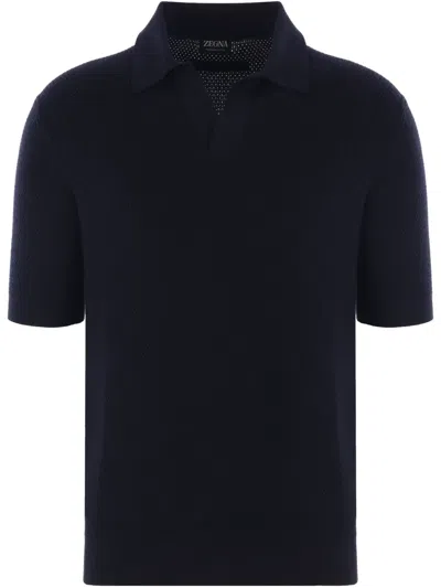 Zegna Collared Polo Shirt With Textured Short Sleeves In Blue