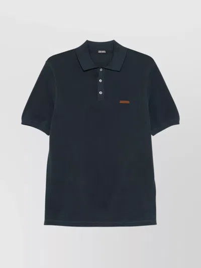 Zegna Cotton Polo Shirt With Intarsia Knitted Stripe In Blue
