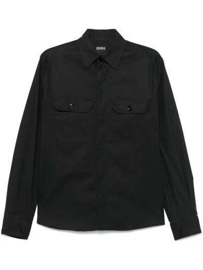 Zegna Gabardine-weave Shirt In Blue